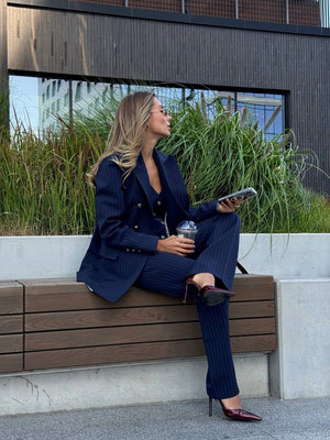 Ghislaine Pinstripe Suit Set – Navy Stripe