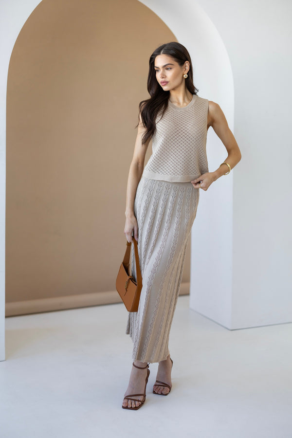 Ophélie Knit Top & Pleated Skirt Set – Beige