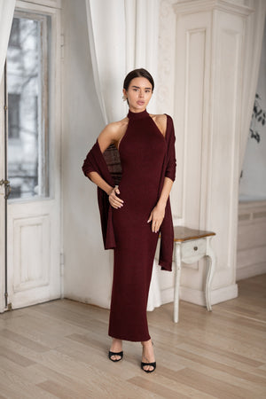 Salomé Halter Maxi & Cardigan Set – Burgundy