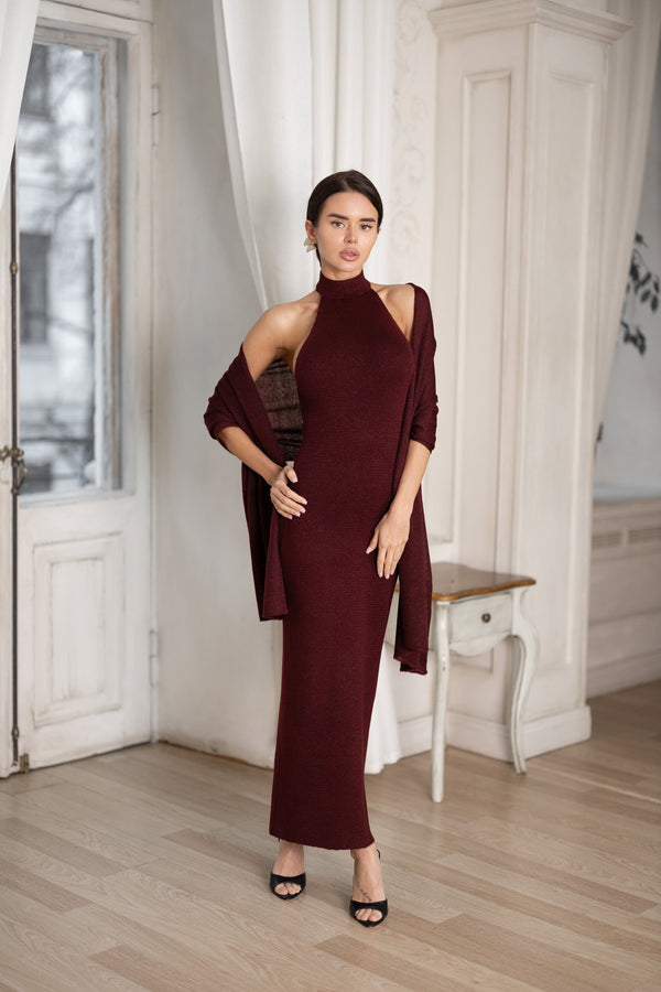 Salomé Halter Maxi & Cardigan Set – Burgundy