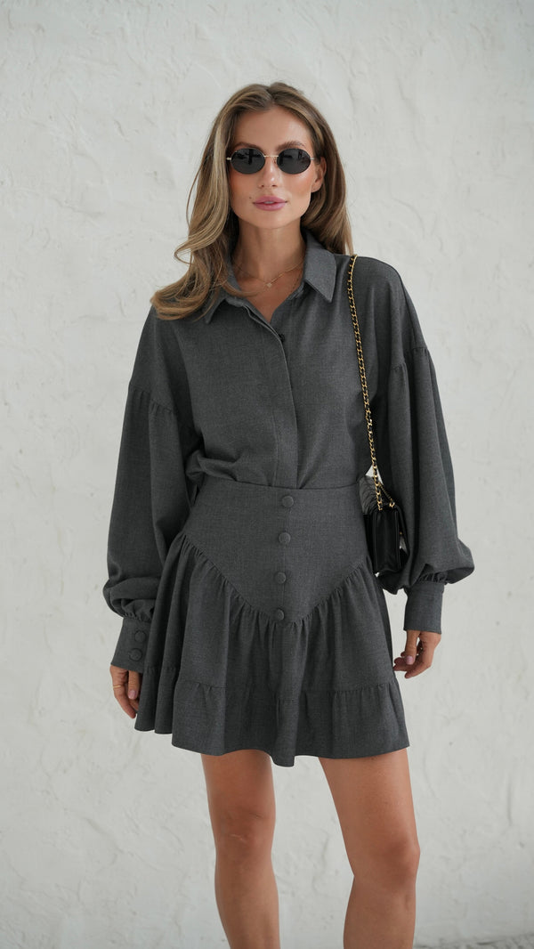 Odile Shirt & Pleated Skirt Set – Grey