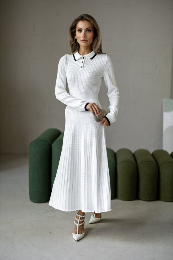 Constance Contrast-Collar Knit Midi Dress – White