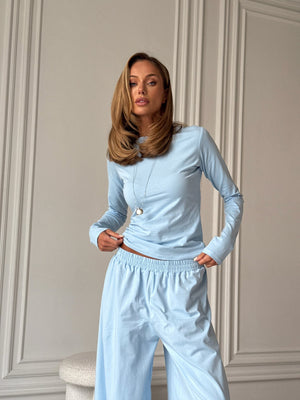 Angeline Knit Cardigan, Top & Trouser Set – Sky Blue