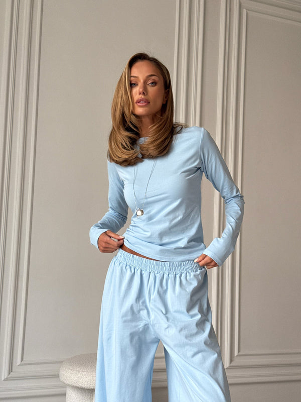 Angeline Knit Cardigan, Top & Trouser Set – Sky Blue