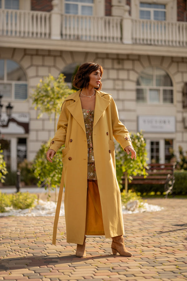 Dorothée Belted Faux-Leather Trench – Mustard
