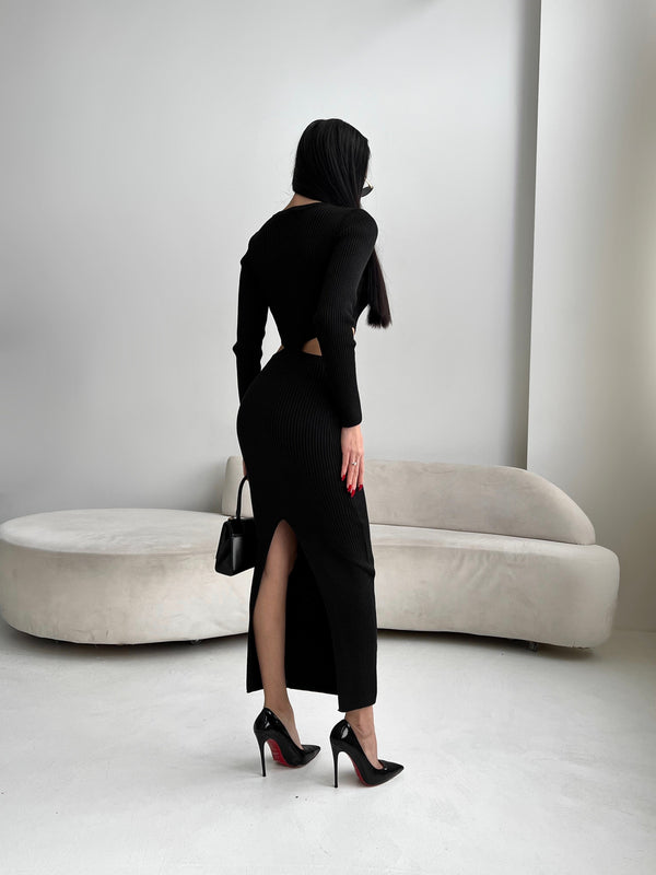 Nadia Ribbed Cut-Out Knit Set – Black