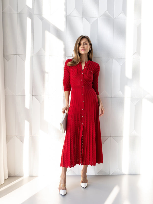 Aurelie Pointelle Knit Maxi Dress – Red
