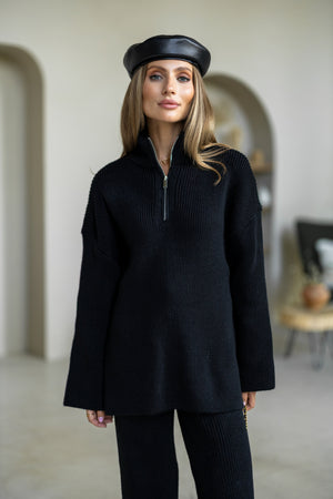 Agathe Half-Zip Knit Set – Black