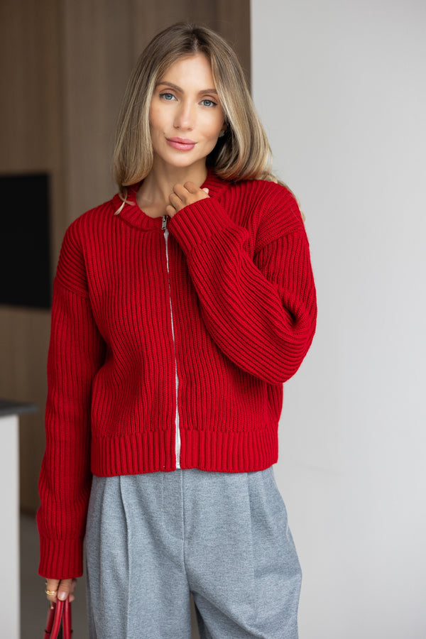 Romy Zip-Front Knit Jacket – Red