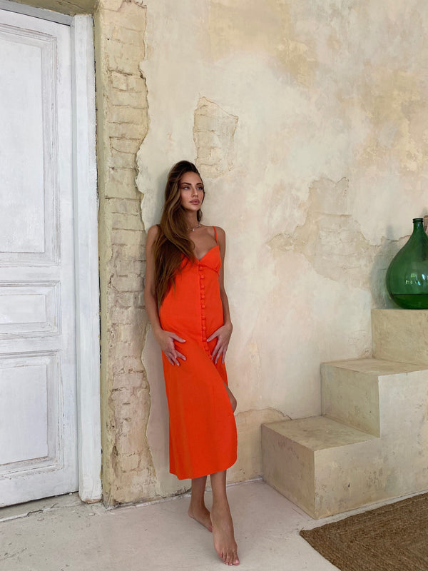 Nolwenn Buttoned Satin Slip Dress – Orange