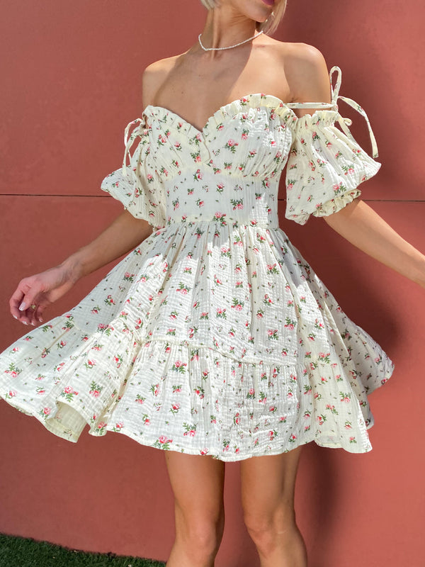 Flavie Off-Shoulder Tiered Mini Dress – Rose