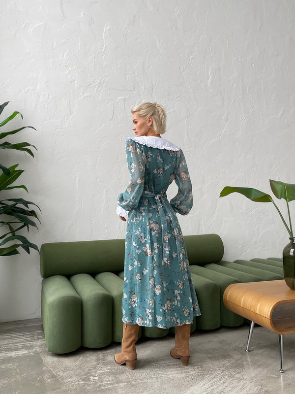 Domitille Collared Floral Midi Dress – Green