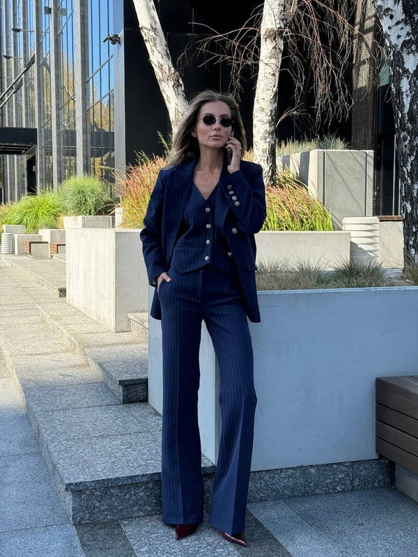 Ghislaine Pinstripe Suit Set – Navy Stripe