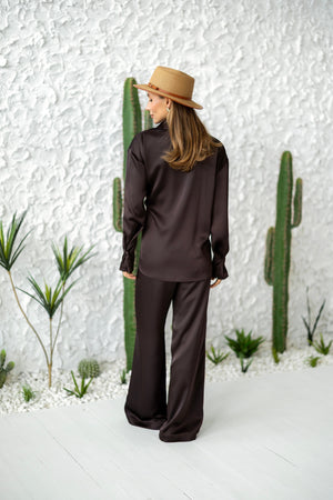 Armelle Satin Shirt & Trouser Set – Brown