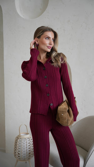 Lucienne Knit Shirt & Trouser Set – Burgundy