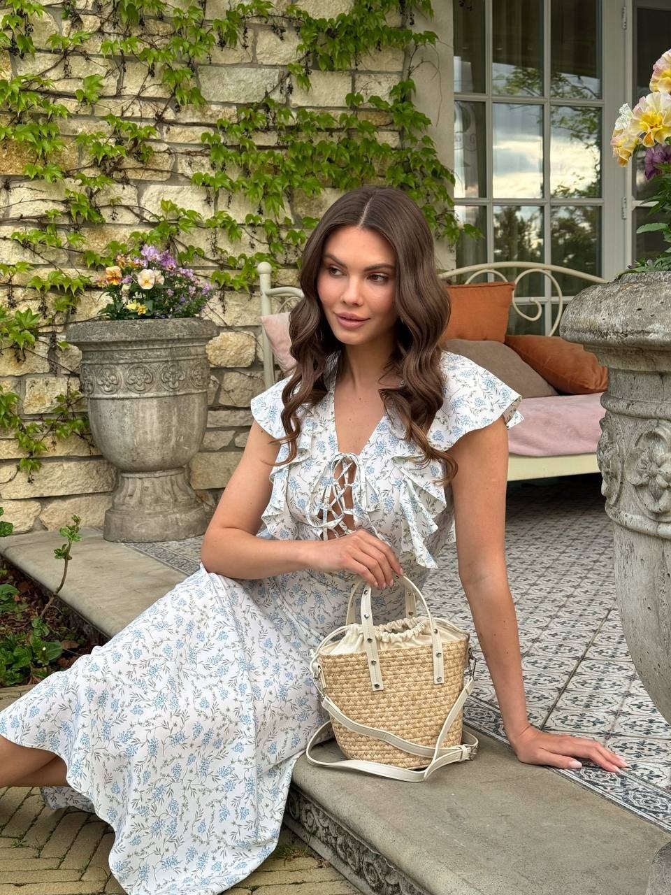 Mathilde Lace-Up Ruffle Midi Dress in White Blue Floral