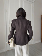 Micheline Strong-Shoulder Short Coat in Chocolate