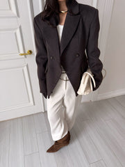 Micheline Strong-Shoulder Short Coat in Chocolate