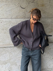 Nicolette Big-Button Knit Cardigan in Chocolate