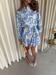 Sabrina Printed Mini Shirt Dress in Blue Floral