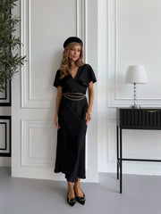 Quitterie Kimono-Sleeve Satin Midi in Black