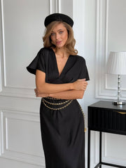 Quitterie Kimono-Sleeve Satin Midi in Black