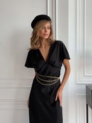 Quitterie Kimono-Sleeve Satin Midi in Black