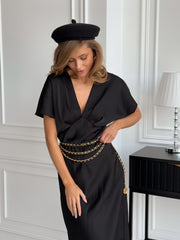 Quitterie Kimono-Sleeve Satin Midi in Black