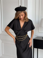 Quitterie Kimono-Sleeve Satin Midi in Black