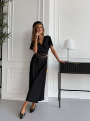 Quitterie Kimono-Sleeve Satin Midi in Black