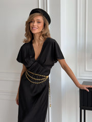 Quitterie Kimono-Sleeve Satin Midi in Black