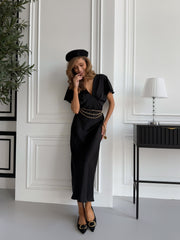 Quitterie Kimono-Sleeve Satin Midi in Black