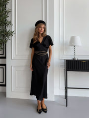 Quitterie Kimono-Sleeve Satin Midi in Black