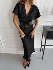 Quitterie Kimono-Sleeve Satin Midi in Black