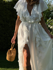 Ariane Ruffle Wrap Maxi Dress in White