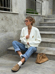 Nicolette Big-Button Knit Cardigan in White
