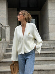 Nicolette Big-Button Knit Cardigan in White