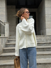 Nicolette Big-Button Knit Cardigan in White