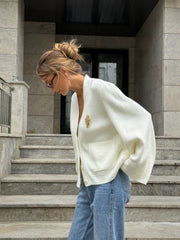 Nicolette Big-Button Knit Cardigan in White