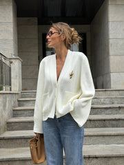 Nicolette Big-Button Knit Cardigan in White