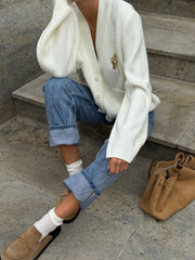Nicolette Big-Button Knit Cardigan in White