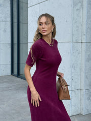 Edmée Ribbed Knit Midi Dress in Burgundy