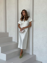 Quitterie Kimono-Sleeve Satin Midi in White