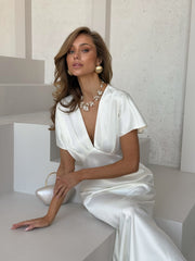 Quitterie Kimono-Sleeve Satin Midi in White