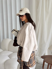 Noélie Cropped Faux Suede Bomber in Beige