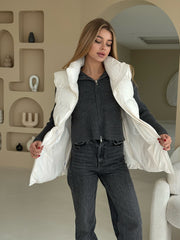 Janine Drawstring Puffer Gilet in Milk White