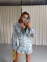 Félicie Floral Ruched Mini Dress in Light Blue Floral