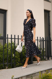 Tiphaine Floral Button-Front Midi in Black Blue Floral