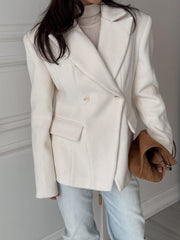 Micheline Strong-Shoulder Short Coat in Milk White
