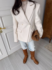 Micheline Strong-Shoulder Short Coat in Milk White
